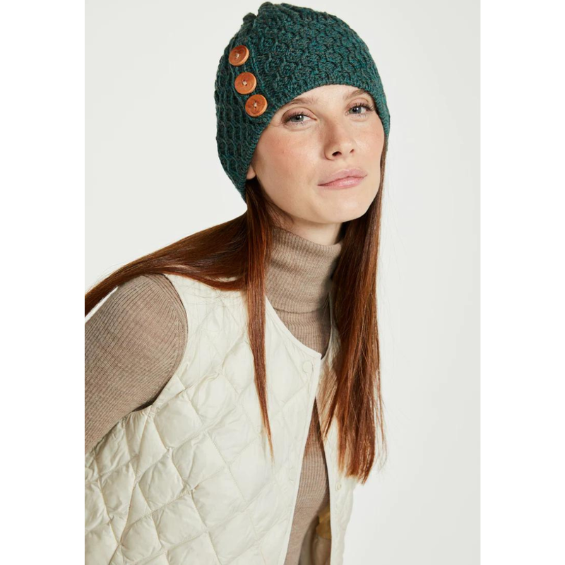 100% Merino Wool Aran Knit Hat With Pom Pom  Forest Green Colour